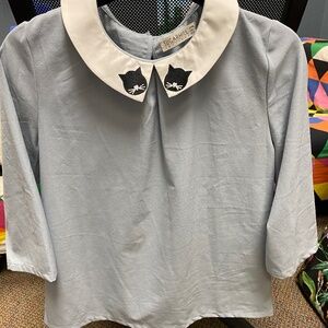 Sugarhill Women's 8 Teal Polyester Kitty Cat faces Peter Pan Collar Top